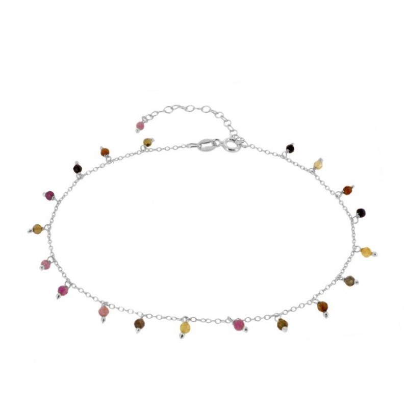 TOBILLERA PIEDRAS SEMIPRECIOSAS COLGANDO TURMALINA 21+5CM - PLATA
