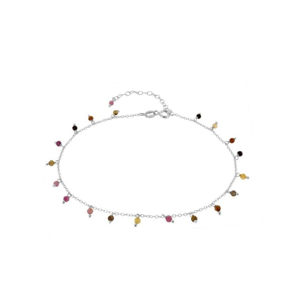 TOBILLERA PIEDRAS SEMIPRECIOSAS COLGANDO TURMALINA 21+5CM - PLATA
