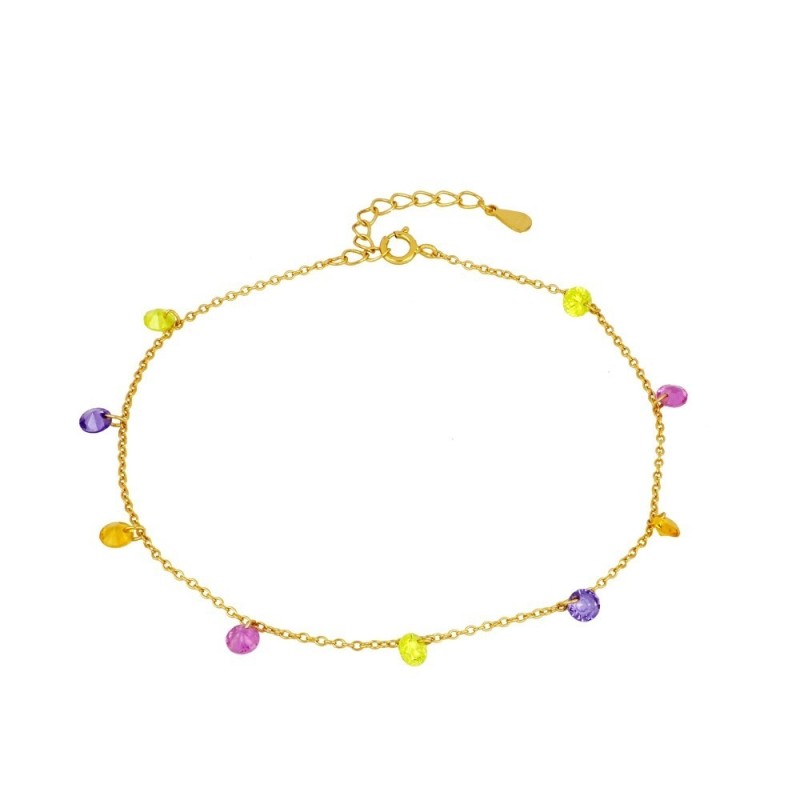 TOBILLERA CON CIRCONITAS MULTICOLOR DE 4MM COLGANDO - PLATA DORADA