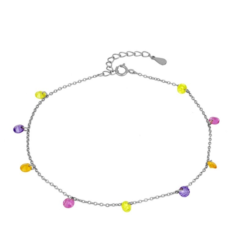TOBILLERA CON CIRCONITAS MULTICOLOR DE 4MM COLGANDO - PLATA
