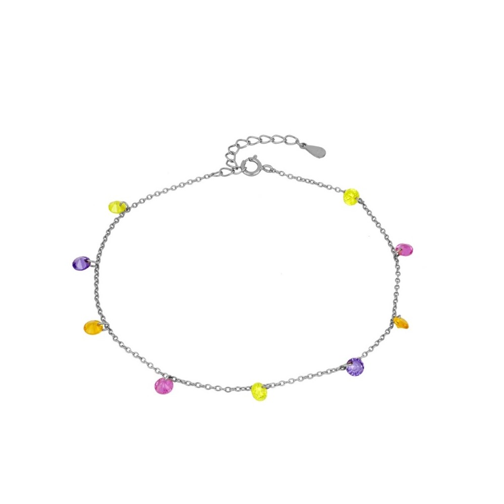 TOBILLERA CON CIRCONITAS MULTICOLOR DE 4MM COLGANDO - PLATA