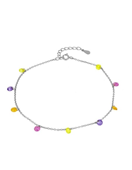 TOBILLERA CON CIRCONITAS MULTICOLOR DE 4MM COLGANDO - PLATA