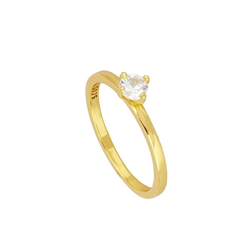 ANILLO SOLITARIO LISO CON CIRCONITA BLANCA 4MM - PLATA DORADA
