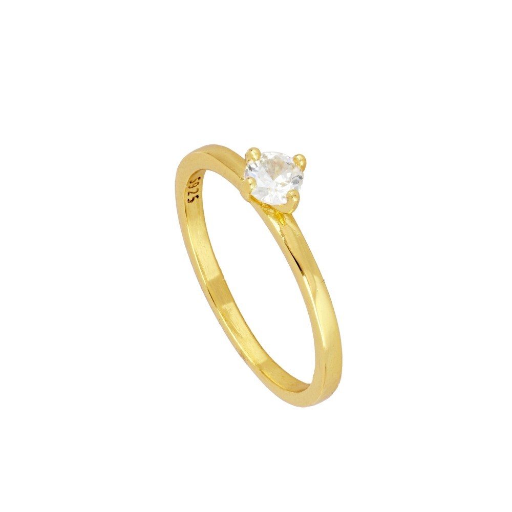 ANILLO SOLITARIO LISO CON CIRCONITA BLANCA 4MM - PLATA DORADA