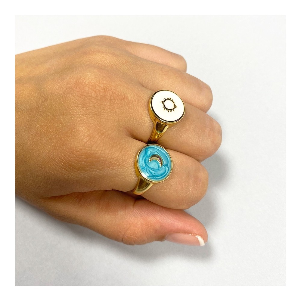  ANILLO SELLO ENAMEL BLANCO CON SOL CENTRAL - PLATA DETALLE