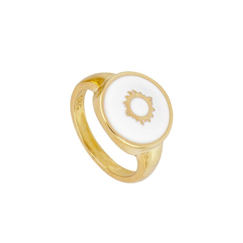 ANILLO SELLO ENAMEL BLANCO CON SOL CENTRAL - PLATA 925 DORADA