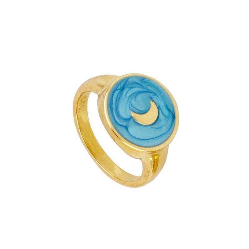 ANILLO SELLO ENAMEL TURQUESA CON LUNA CENTRAL - PLATA 925 DORADA