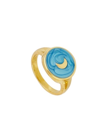 ANILLO SELLO ENAMEL TURQUESA CON LUNA CENTRAL - PLATA 925 DORADA