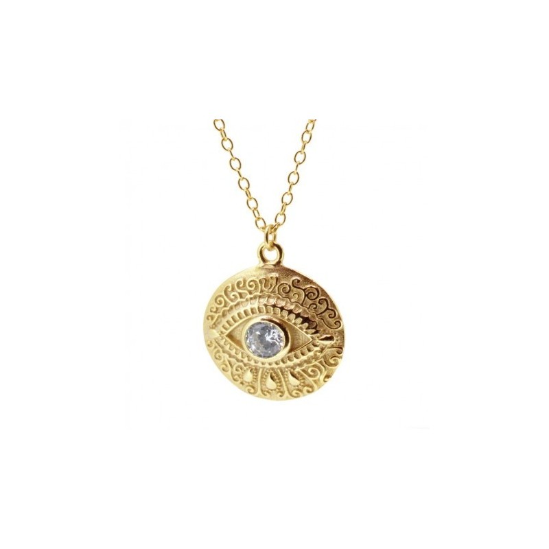 COLLAR CON MEDALLA OJO GRABADO CIRCONITA PLATA DORADA
