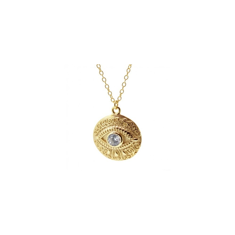 COLLAR CON MEDALLA OJO GRABADO CIRCONITA PLATA DORADA