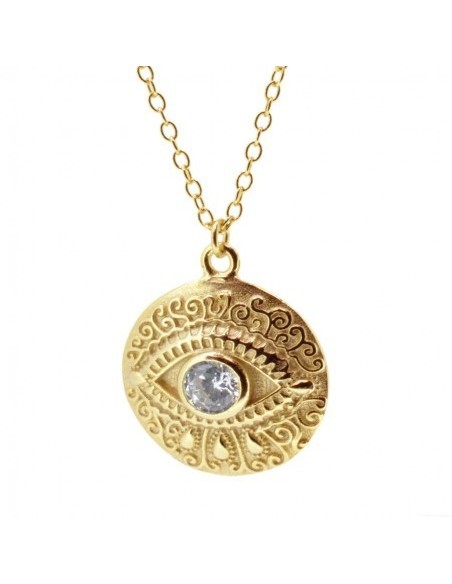COLLAR CON MEDALLA OJO GRABADO CIRCONITA PLATA DORADA