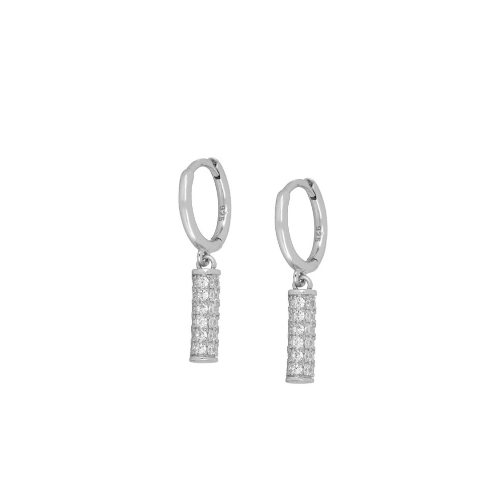 PENDIENTE ARO CLICK CILINDRO CIRCONITAS BLANCAS - PLATA 925
