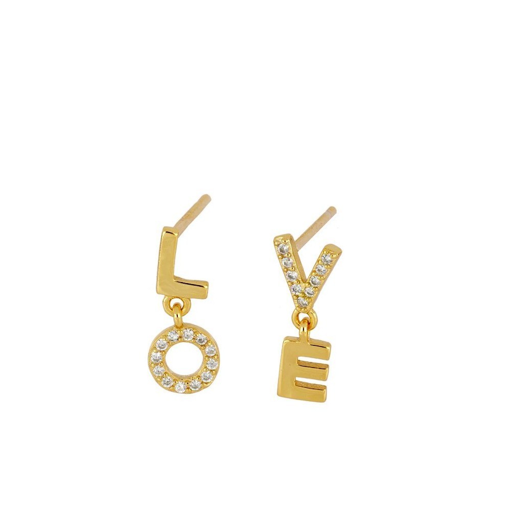 PENDIENTE "LOVE" CON CIRCONITAS BLANCAS - PLATA 925 DORADA