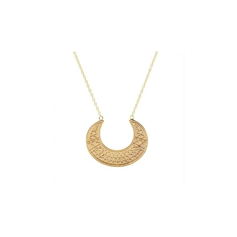 Collar de Plata baño de Oro 18k - Luna Abierta con Relieves Geometrico