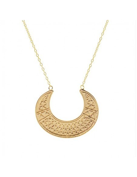 Collar de Plata baño de Oro 18k - Luna Abierta con Relieves Geometrico
