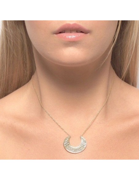 Collar de Plata baño de Oro 18k - Luna Abierta con Relieves Geometrico