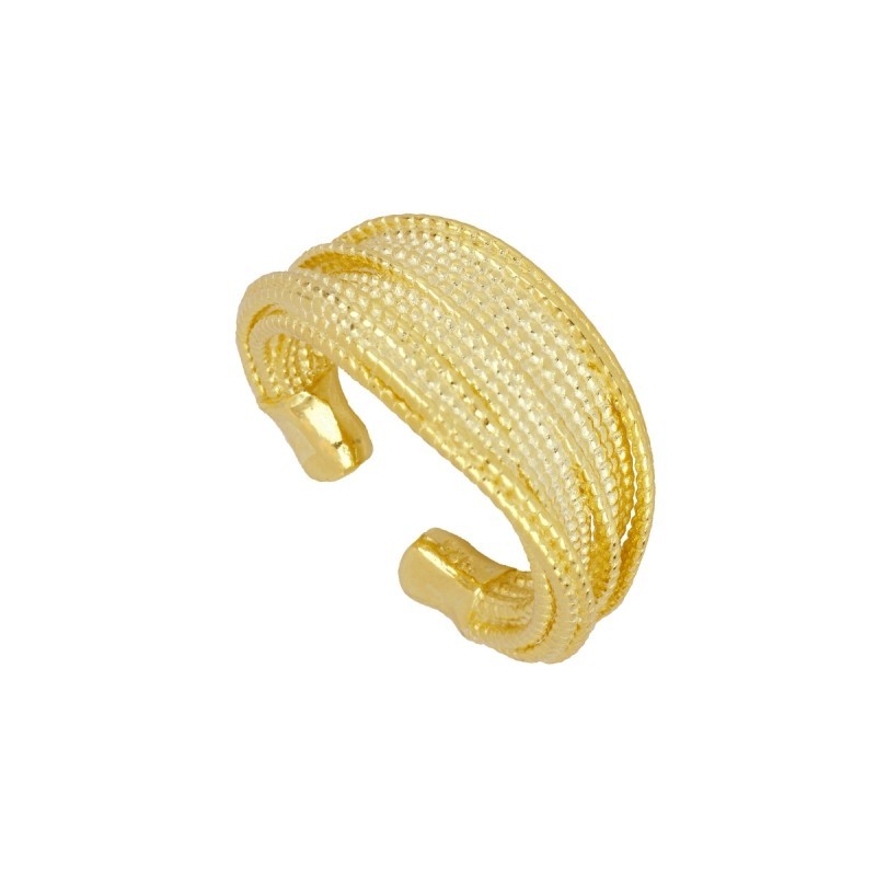 anillo abierto, color oro,  ajustable, grueso, simula unas cadenas pegadas.
