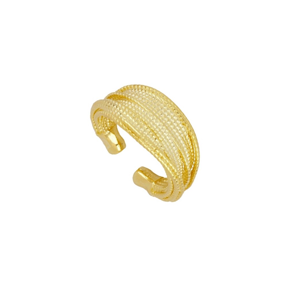 anillo abierto, color oro,  ajustable, grueso, simula unas cadenas pegadas.