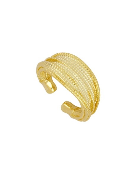 anillo abierto, color oro,  ajustable, grueso, simula unas cadenas pegadas.