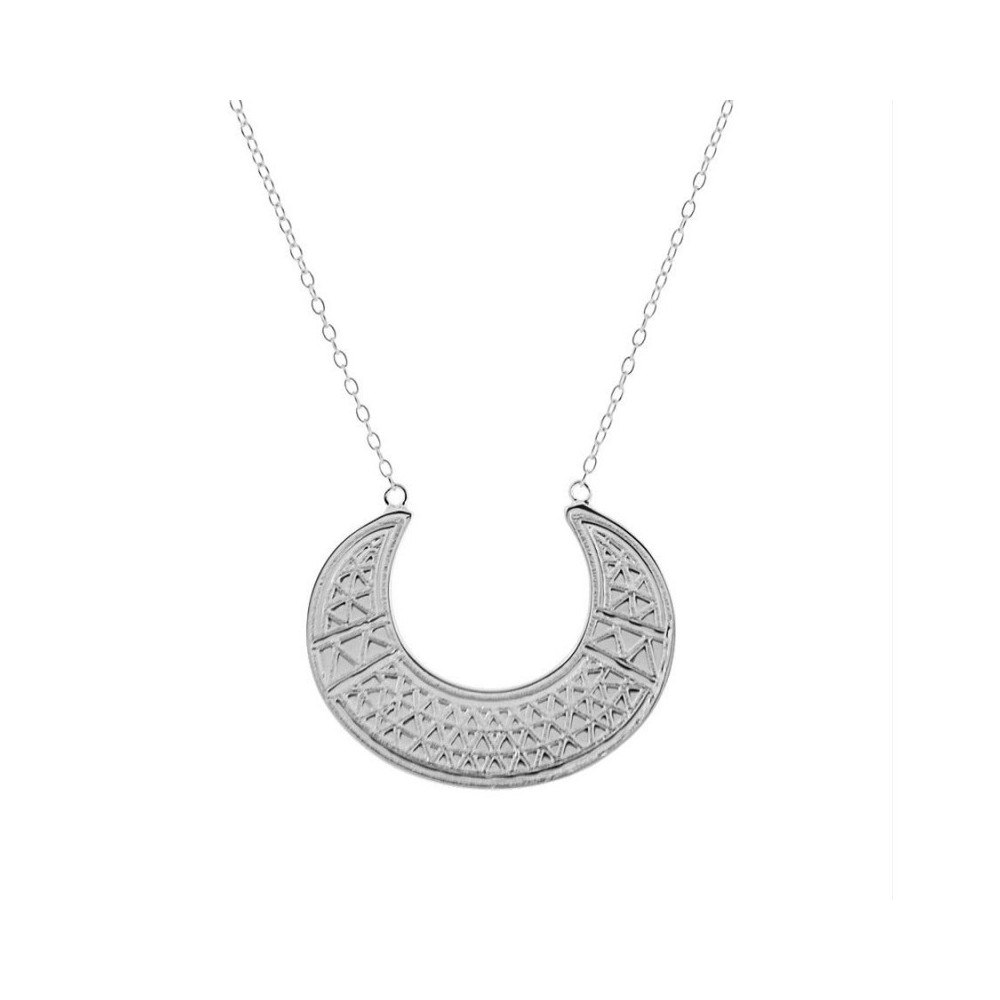 Collar de Plata baño de rodio - Luna Abierta con Relieves Geometrico