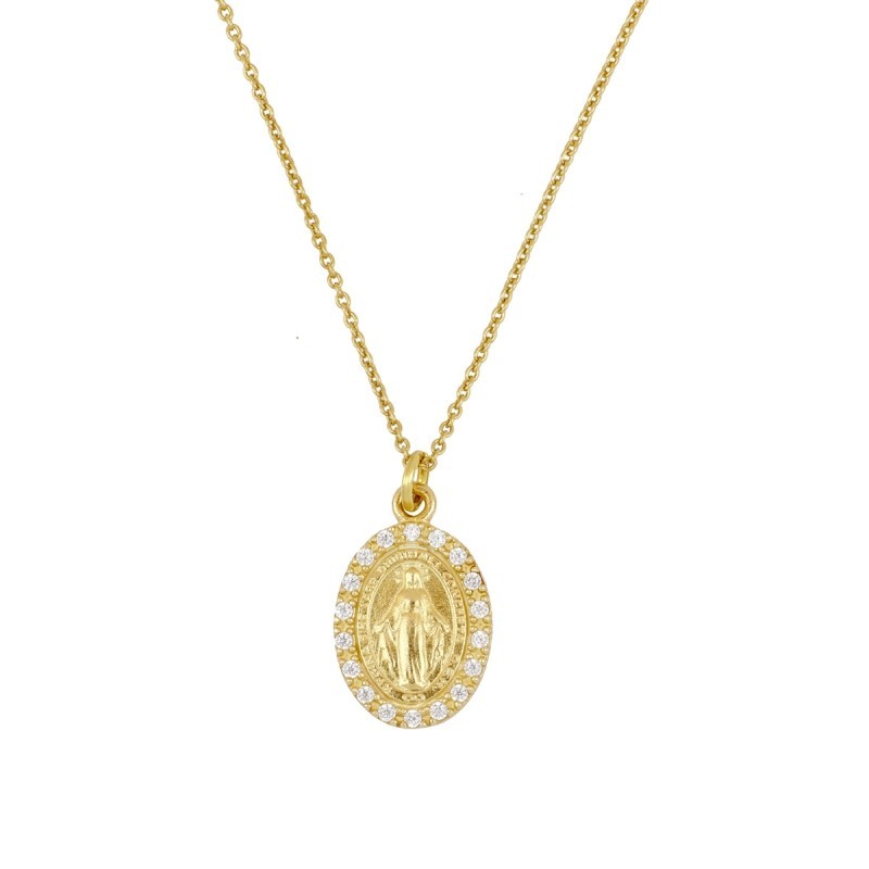 MEDALLA VIRGEN MILAGROSA EN PLATA CON BAÑO ORO 18K Y CIRCONITAS BLANCAS