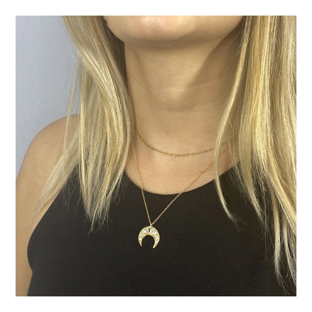 GARGANTILLA LUNA INVERTIDA CON CIRCONITAS EN PLATA BAÑADO EN ORO 18K
