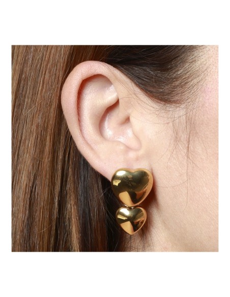 Pendientes  Corazón Glam en Acero baño Oro 18K | Diseño Doble Corazón