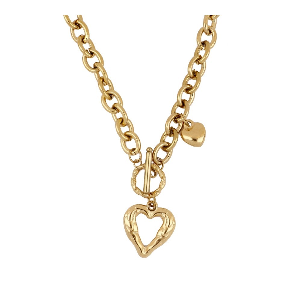 COLLAR DOBLE COLGANTE CORAZÓN DE ACERO BAÑADO EN ORO