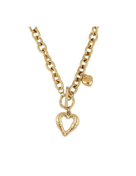 COLLAR DOBLE COLGANTE CORAZÓN DE ACERO BAÑADO EN ORO
