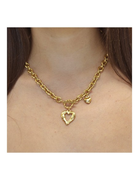 COLLAR DOBLE COLGANTE CORAZÓN DE ACERO BAÑADO EN ORO