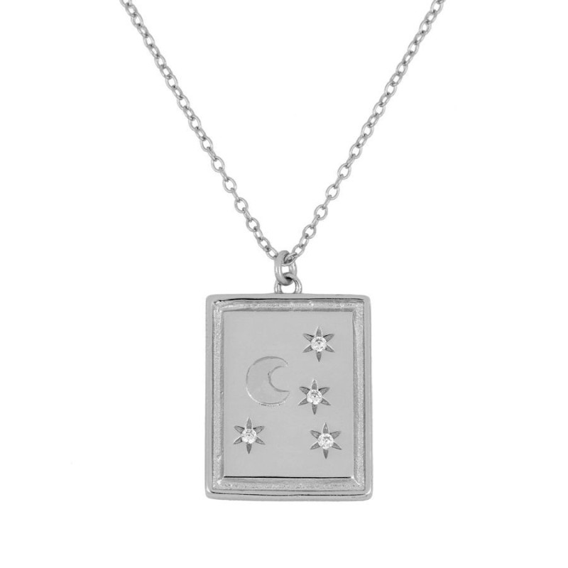 COLLAR CON COLGANTE PLACA CON LUNA 4 ESTRELLAS CON CIRCONITAS - PLATA