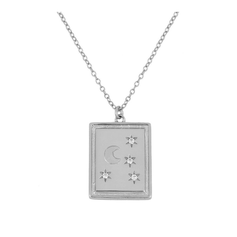 COLLAR CON COLGANTE PLACA CON LUNA 4 ESTRELLAS CON CIRCONITAS - PLATA