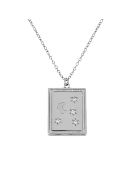 COLLAR CON COLGANTE PLACA CON LUNA 4 ESTRELLAS CON CIRCONITAS - PLATA
