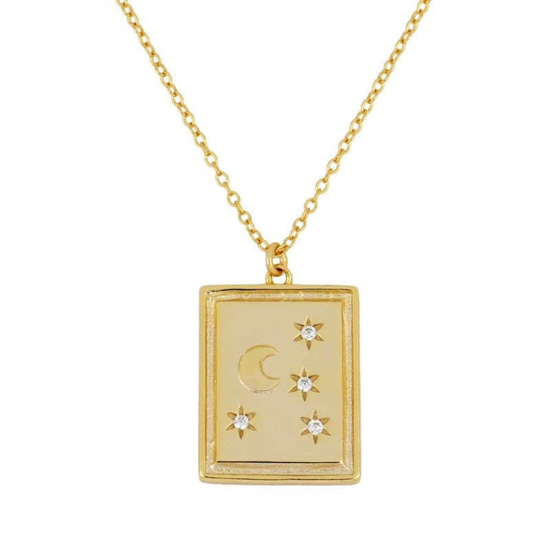 COLLAR CON COLGANTE PLACA CON LUNA 4 ESTRELLAS CON CIRCONITAS - PLATA DORADA