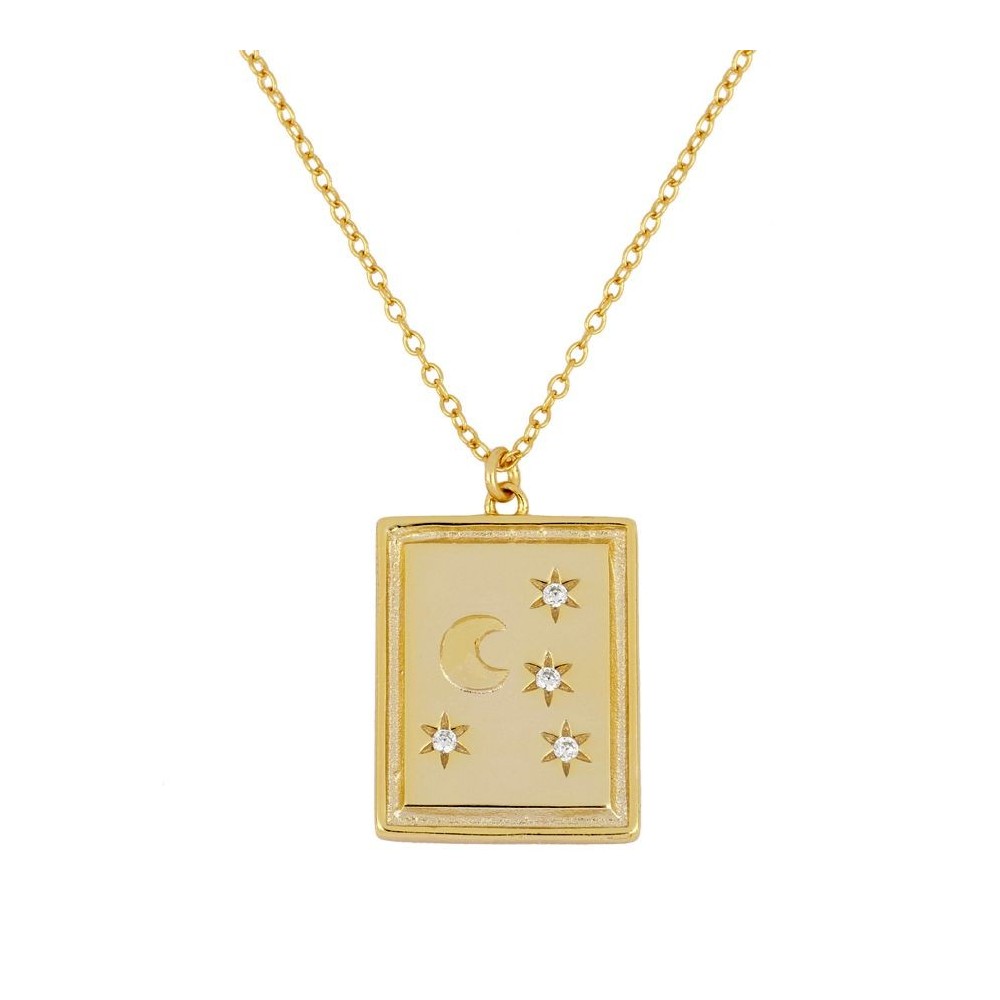 COLLAR CON COLGANTE PLACA CON LUNA 4 ESTRELLAS CON CIRCONITAS - PLATA DORADA