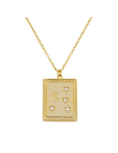 COLLAR CON COLGANTE PLACA CON LUNA 4 ESTRELLAS CON CIRCONITAS - PLATA DORADA