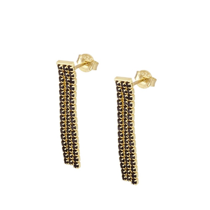 PENDIENTES TRIPLE RIVIERE CZ NEGRA LARGO 3CM - PLATA 925