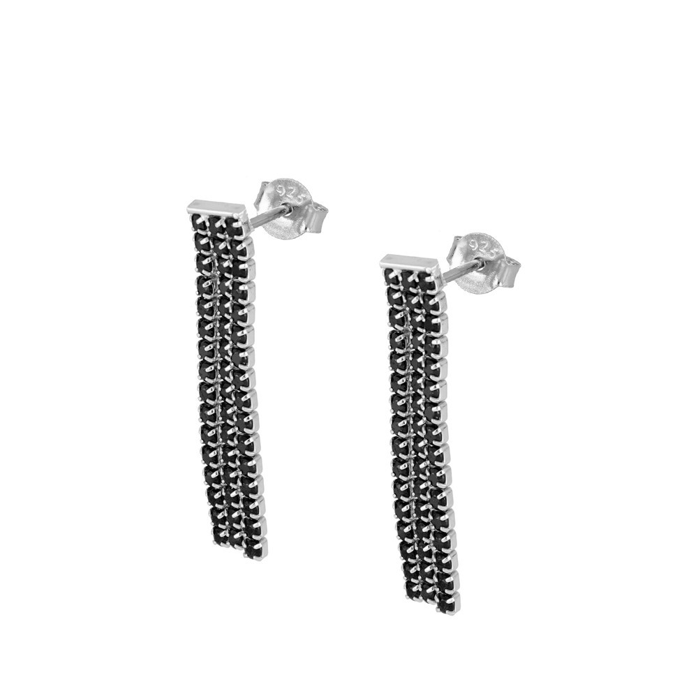 PENDIENTES TRIPLE RIVIERE CZ NEGRA LARGO 3CM - PLATA 925