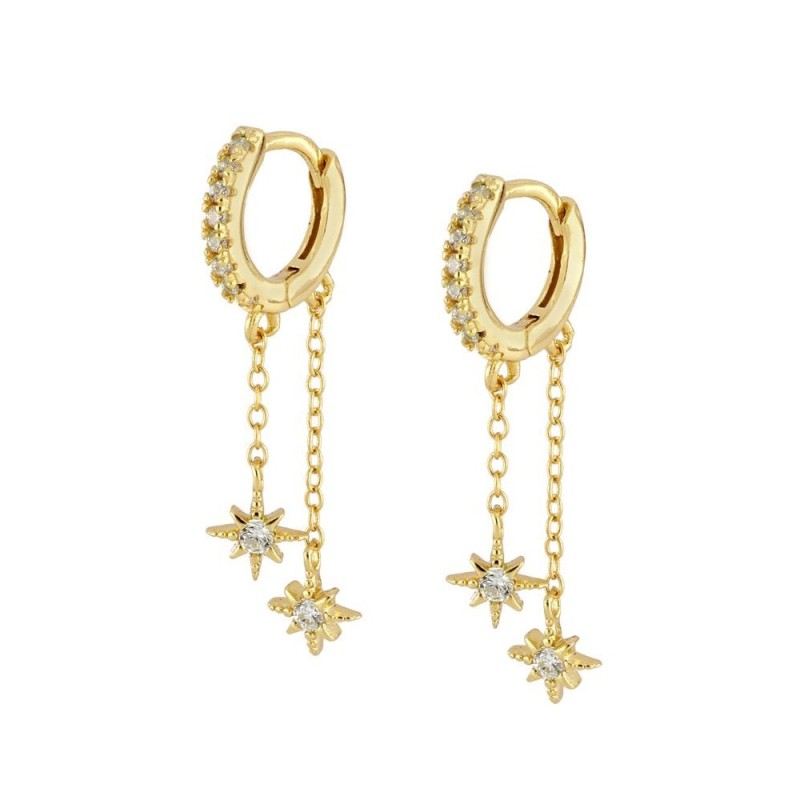 PENDIENTES  CZ BLANCAS CON DOS ESTRELLAS  DE PLATA 925 BAÑADA EN ORO