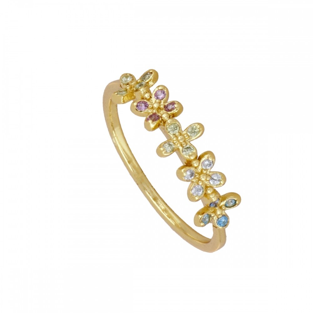 ANILLO "BOUQUET" DE PLATA 925 BAÑADA EN ORO Y CIRCONITAS DE COLOR