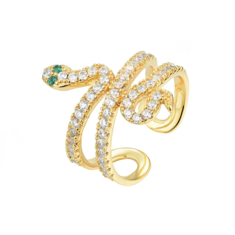ANILLO "KING SNAKE"  ABIERTO DE PLATA 925 BAÑADA EN ORO Y CIRCONITAS BLANCAS Y OJOS EN ESMERALDA