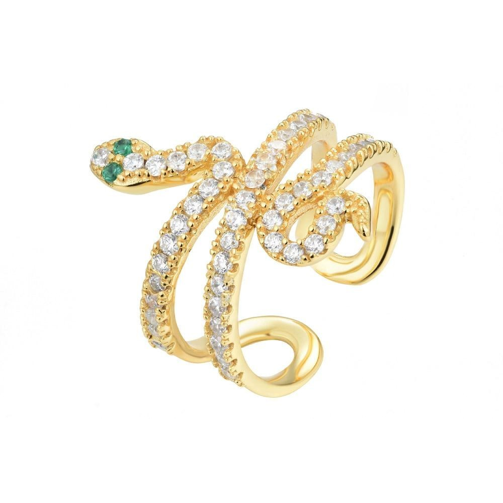 ANILLO "KING SNAKE"  ABIERTO DE PLATA 925 BAÑADA EN ORO Y CIRCONITAS BLANCAS Y OJOS EN ESMERALDA