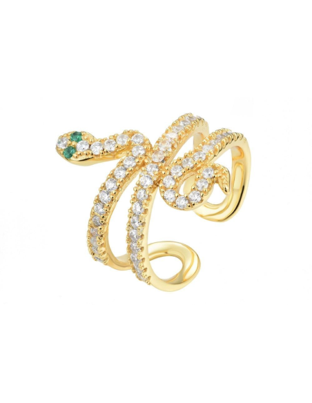 ANILLO "KING SNAKE"  ABIERTO DE PLATA 925 BAÑADA EN ORO Y CIRCONITAS BLANCAS Y OJOS EN ESMERALDA