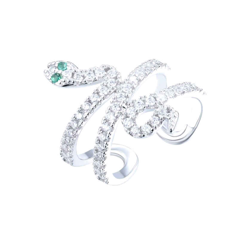 ANILLO "KING SNAKE"  ABIERTO DE PLATA RODIADA Y CIRCONITAS BLANCAS Y OJOS EN ESMERALDA