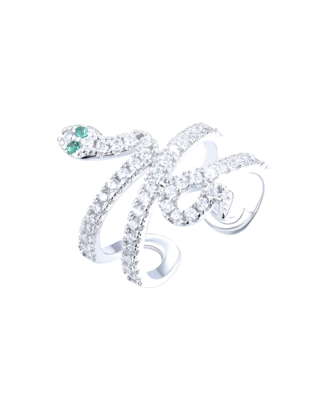 ANILLO "KING SNAKE"  ABIERTO DE PLATA RODIADA Y CIRCONITAS BLANCAS Y OJOS EN ESMERALDA