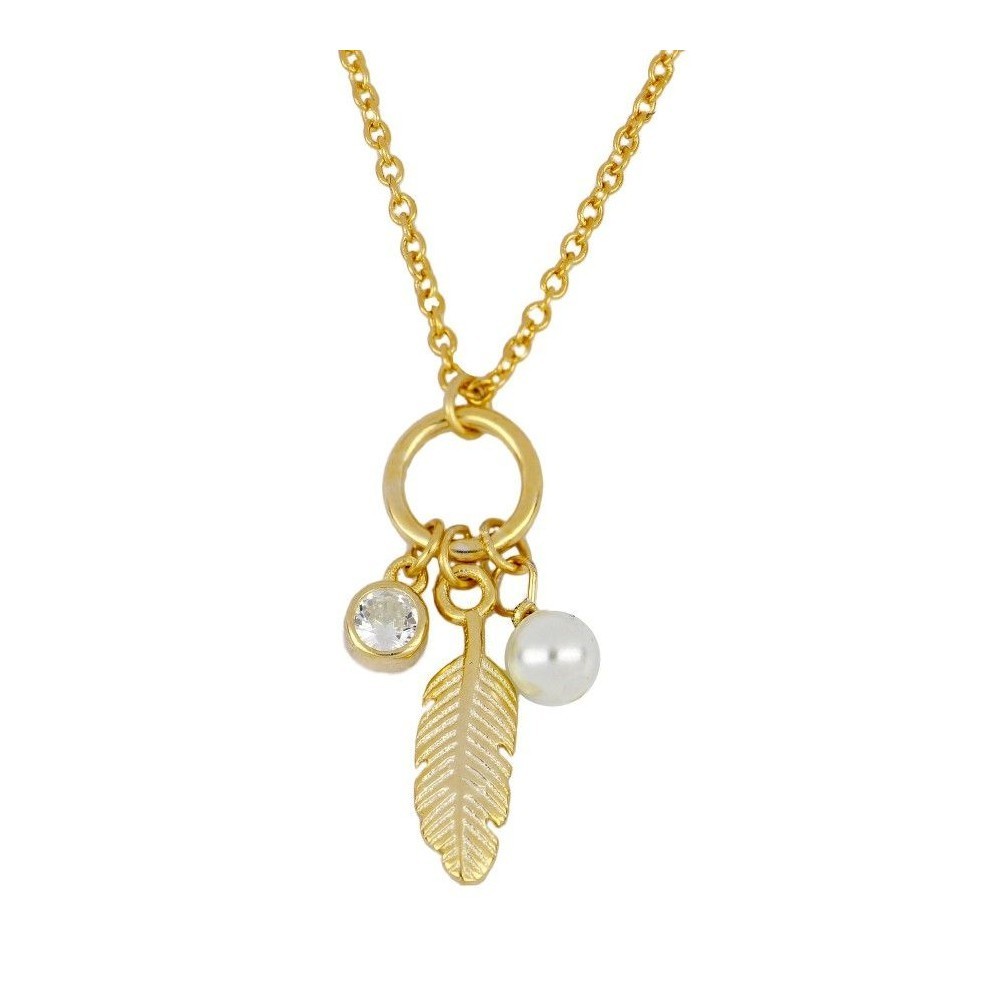 COLLAR COLGANTE "PLUMA DI LUCE" EN PLATA 925 BAÑADA EN ORO CON PERLA Y CIRCONITA