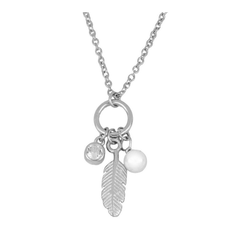 COLLAR COLGANTE "PLUMA DI LUCE" EN PLATA DE LEY RODIADA  CON PERLA Y CIRCONITA