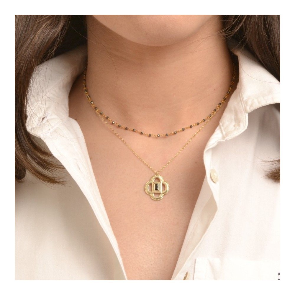 COLLAR COLGANTE "RENATTA" DE PLATA DE LEY RODIADA  CON CIRCONITA NEGRA