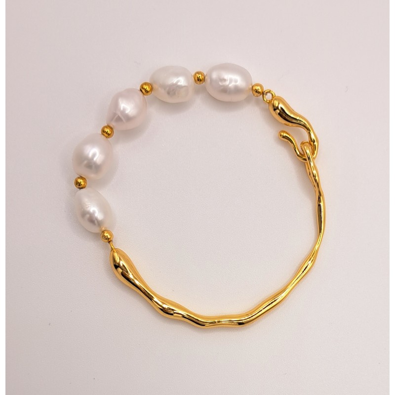 PULSERA "MARY PEARLS"  DISEÑO SEMI RIGIDO CON 5 PERLAS CULTIVAS EN PLATA 925 BAÑADA EN ORO