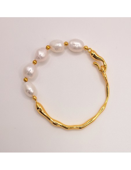PULSERA "MARY PEARLS"  DISEÑO SEMI RIGIDO CON 5 PERLAS CULTIVAS EN PLATA 925 BAÑADA EN ORO